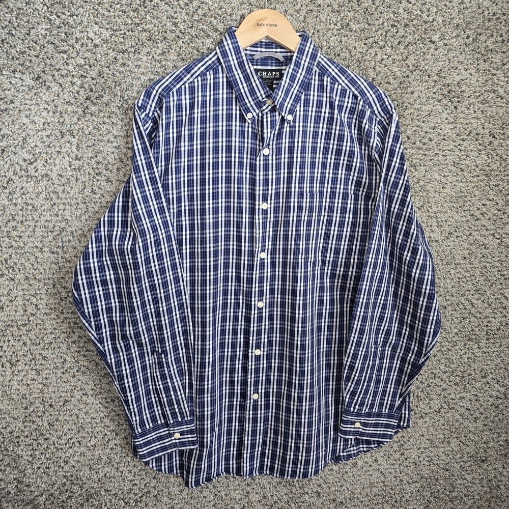 Chaps Shirt Mens Large Blue Plaid Button Down Long Sleeve Cotton Casual‎ Pocket